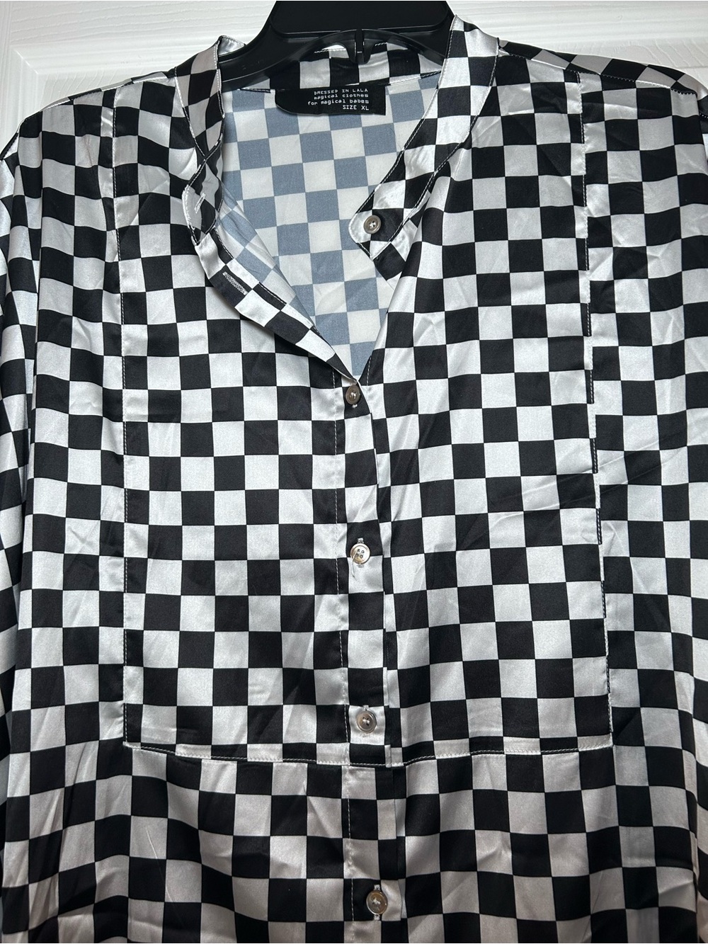 Dressed in LALA Black and White Checkerboard Satin Button-Up Shirt - Picture 5 of 5